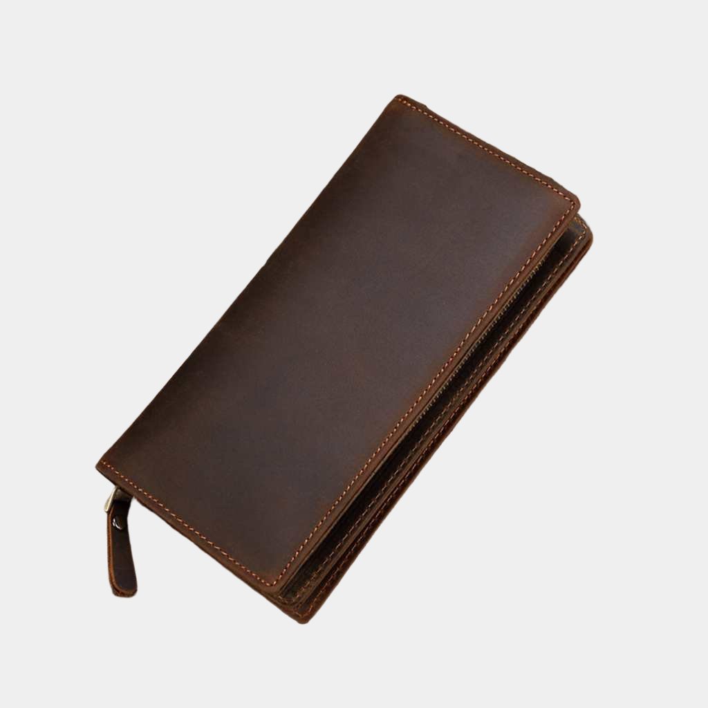 Leather Long Wallet with Card Slots – Cowhide Zipper, Large Capacity