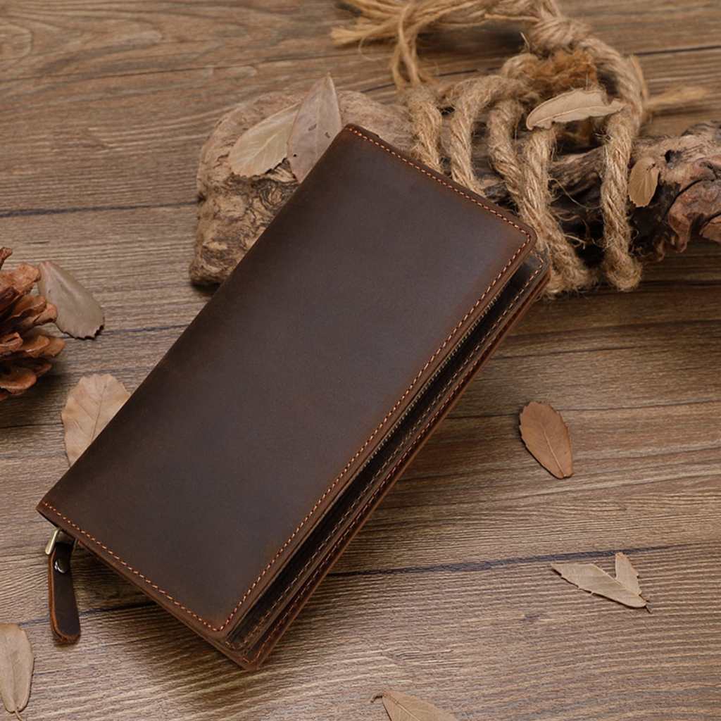 Leather Long Wallet with Card Slots – Cowhide Zipper, Large Capacity