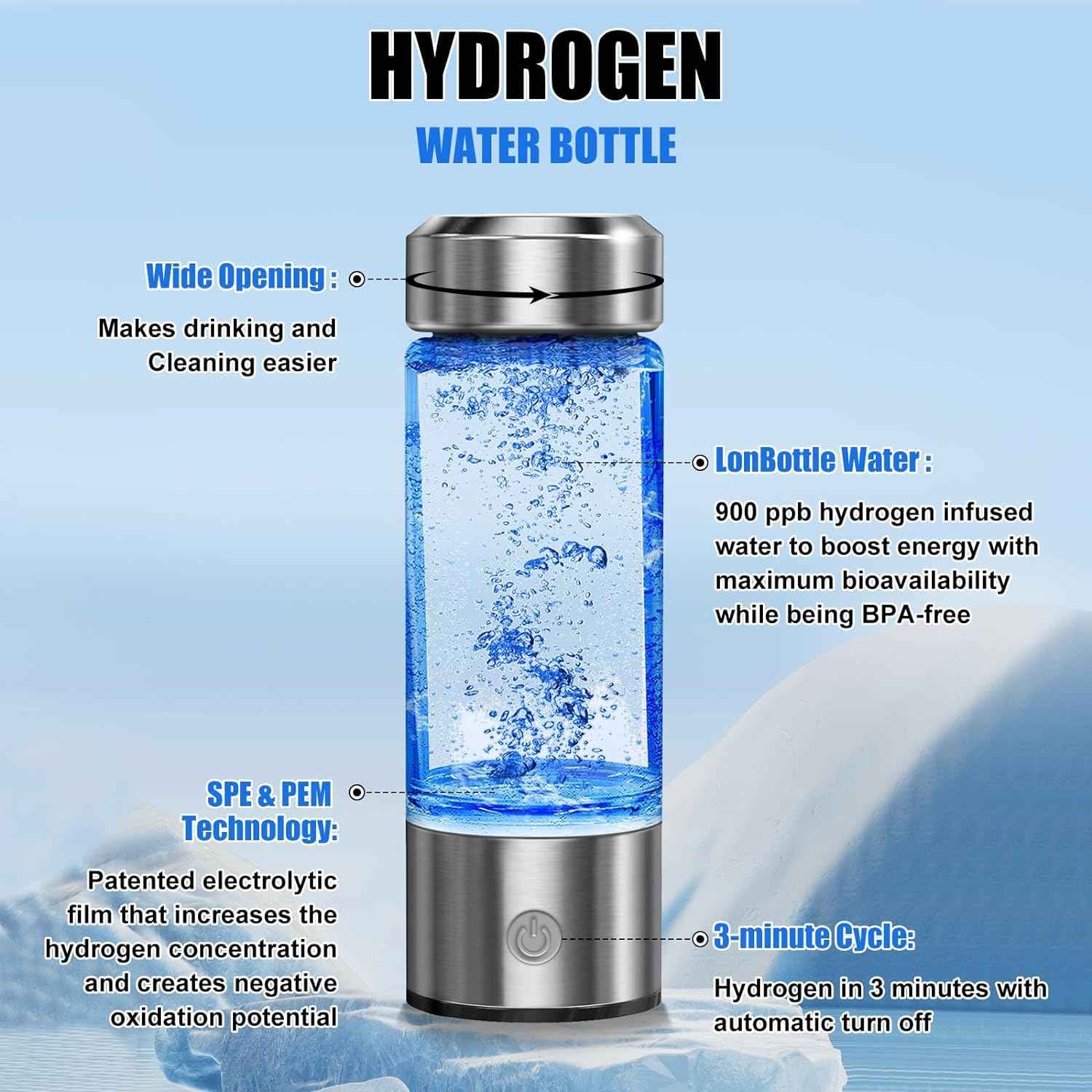 Portable Hydrogen Water Bottle – Rechargeable, SPE & PEM Technology