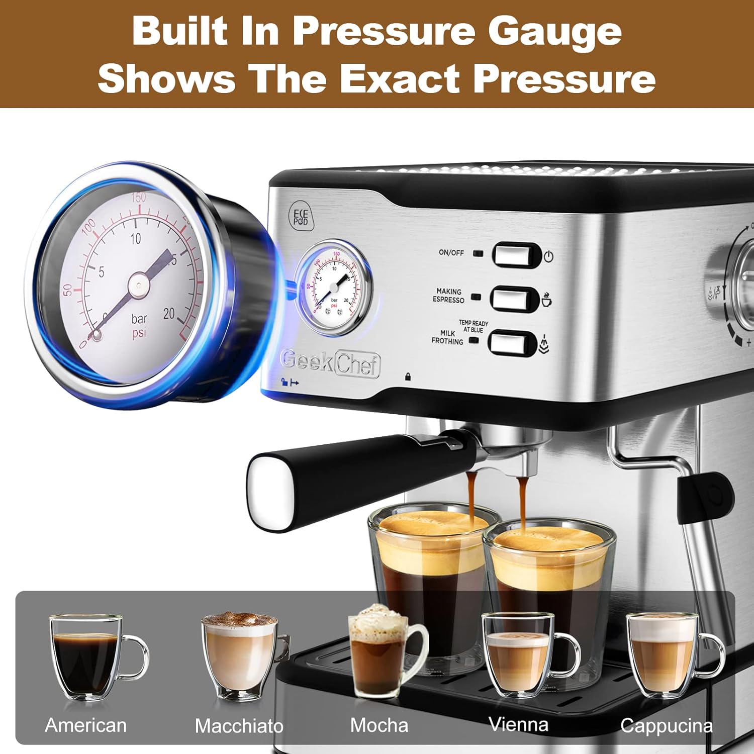 Geek Chef 20 Bar Espresso Machine with Milk Frother