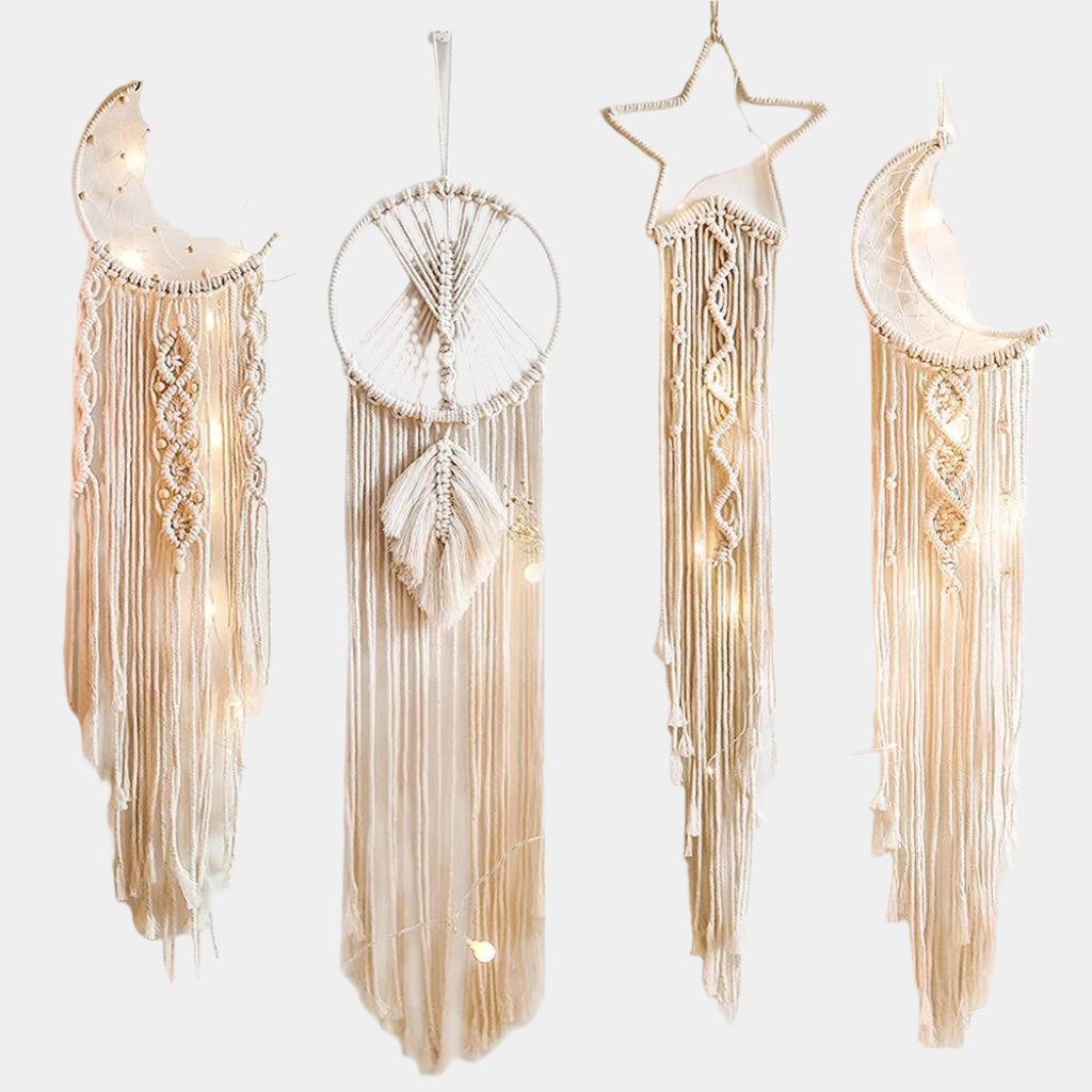 Handmade Boho Dreamcatcher Tapestry with Lights – Circle, Moon, Owl